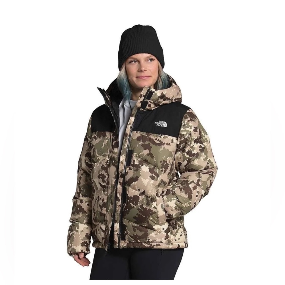 THE NORTH FACE Women Balham Down Jacket Burnt Olive Green Digi Topo Print Medium